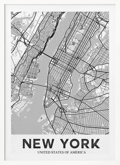 A modern, black and white map poster of New York City, featuring a detailed street grid of Manhattan and surrounding boroughs. The poster has a clean, minimalist design and is labeled 'NEW YORK' in bold capital letters at the bottom, all enclosed in a simple black frame. Poster