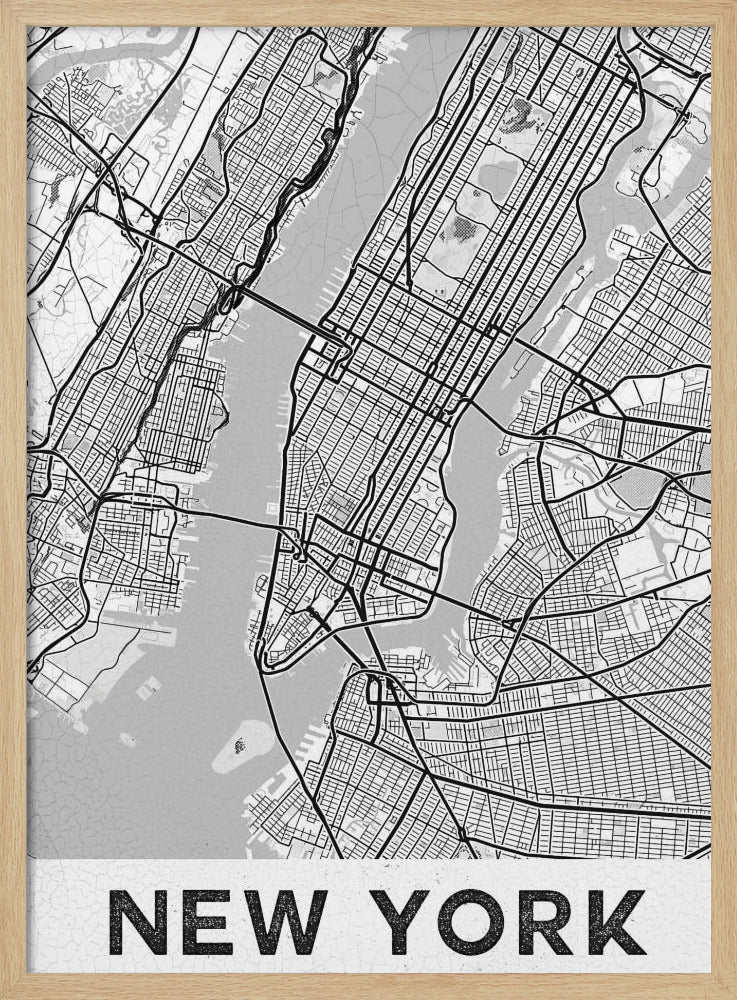 A modern, black and white map poster of New York City, featuring a detailed street grid of Manhattan and surrounding boroughs. The poster has a clean, minimalist design and is labeled 'NEW YORK' in bold capital letters at the bottom, all enclosed in a simple black frame. Poster