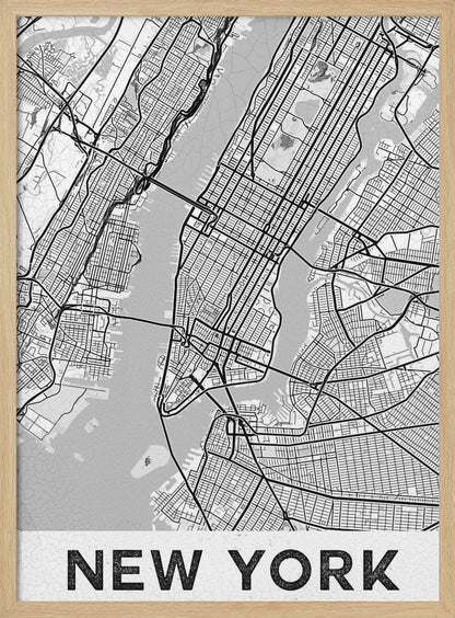 A modern, black and white map poster of New York City, featuring a detailed street grid of Manhattan and surrounding boroughs. The poster has a clean, minimalist design and is labeled 'NEW YORK' in bold capital letters at the bottom, all enclosed in a simple black frame. Poster