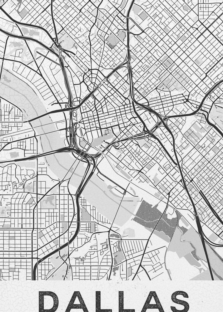 A modern, minimalist black and white map of Dallas, Texas, framed in black. The map shows a detailed network of roads, highways, and a river, with the city name 'DALLAS' in large, bold letters at the bottom. Wall Art