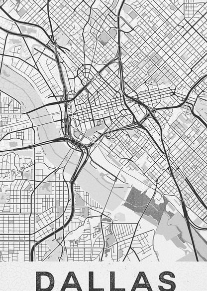 A modern, minimalist black and white map of Dallas, Texas, framed in black. The map shows a detailed network of roads, highways, and a river, with the city name 'DALLAS' in large, bold letters at the bottom. Wall Art
