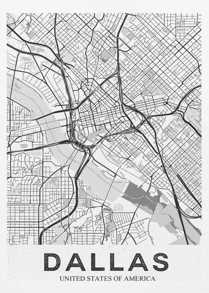 A modern, minimalist black and white map of Dallas, Texas, framed in black. The map shows a detailed network of roads, highways, and a river, with the city name 'DALLAS' in large, bold letters at the bottom. Wall Art