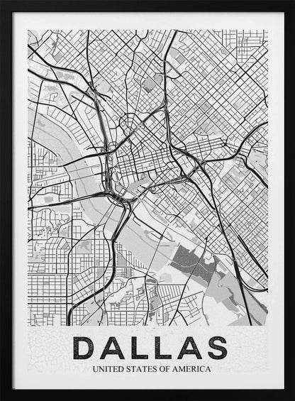 A modern, minimalist black and white map of Dallas, Texas, framed in black. The map shows a detailed network of roads, highways, and a river, with the city name 'DALLAS' in large, bold letters at the bottom. Wall Art