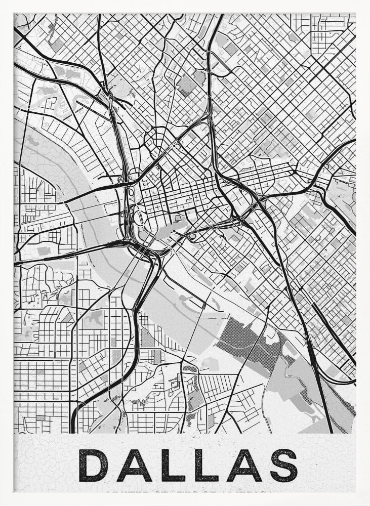A modern, minimalist black and white map of Dallas, Texas, framed in black. The map shows a detailed network of roads, highways, and a river, with the city name 'DALLAS' in large, bold letters at the bottom. Wall Art