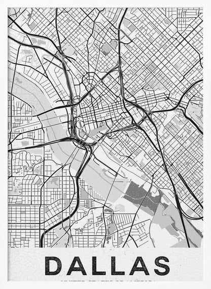 A modern, minimalist black and white map of Dallas, Texas, framed in black. The map shows a detailed network of roads, highways, and a river, with the city name 'DALLAS' in large, bold letters at the bottom. Wall Art