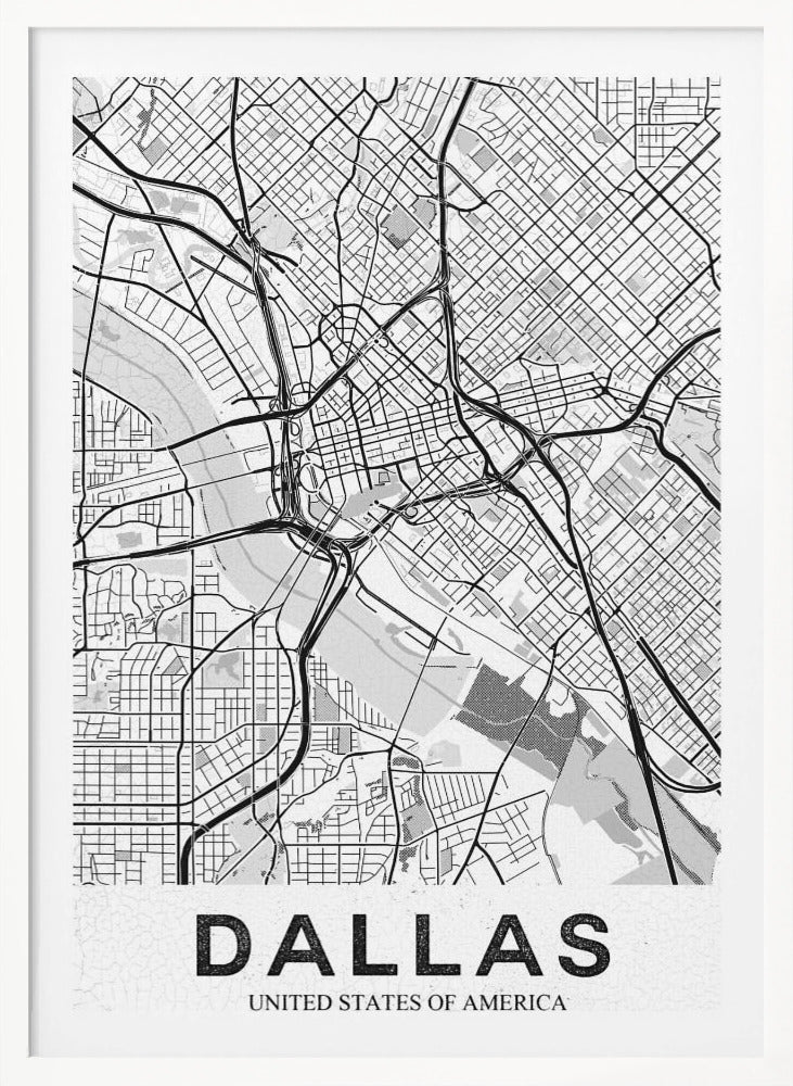 A modern, minimalist black and white map of Dallas, Texas, framed in black. The map shows a detailed network of roads, highways, and a river, with the city name 'DALLAS' in large, bold letters at the bottom. Wall Art