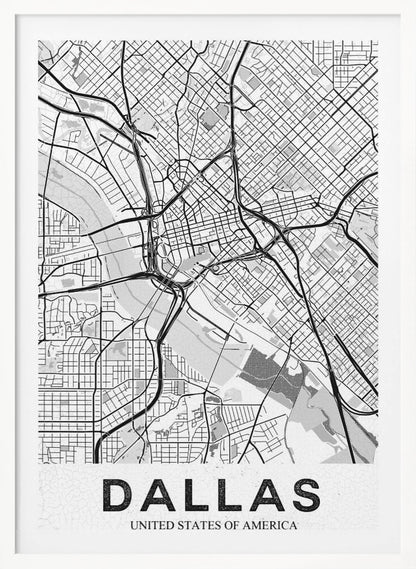 A modern, minimalist black and white map of Dallas, Texas, framed in black. The map shows a detailed network of roads, highways, and a river, with the city name 'DALLAS' in large, bold letters at the bottom. Wall Art