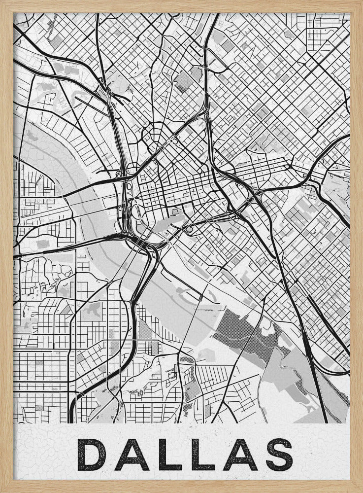 A modern, minimalist black and white map of Dallas, Texas, framed in black. The map shows a detailed network of roads, highways, and a river, with the city name 'DALLAS' in large, bold letters at the bottom. Wall Art