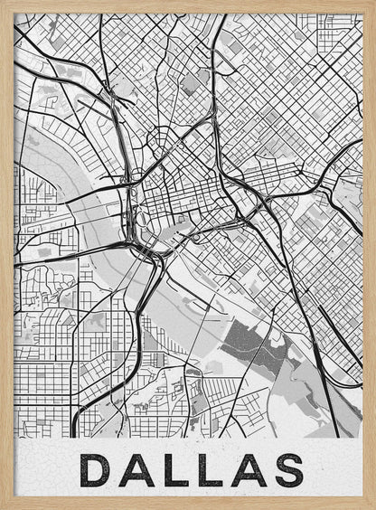 A modern, minimalist black and white map of Dallas, Texas, framed in black. The map shows a detailed network of roads, highways, and a river, with the city name 'DALLAS' in large, bold letters at the bottom. Wall Art