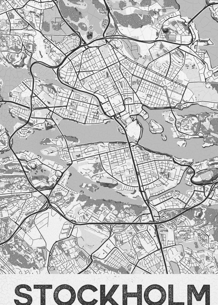 A modern, black and white framed map of Stockholm, Sweden. The minimalist design highlights the city's intricate network of streets, islands, and waterways. The name 'STOCKHOLM' is printed in large, bold, black font at the bottom. Decor