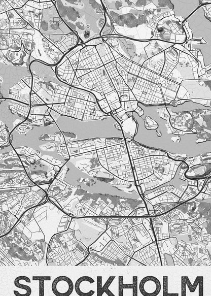 A modern, black and white framed map of Stockholm, Sweden. The minimalist design highlights the city's intricate network of streets, islands, and waterways. The name 'STOCKHOLM' is printed in large, bold, black font at the bottom. Decor