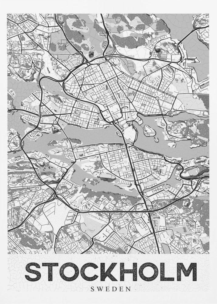 A modern, black and white framed map of Stockholm, Sweden. The minimalist design highlights the city's intricate network of streets, islands, and waterways. The name 'STOCKHOLM' is printed in large, bold, black font at the bottom. Decor