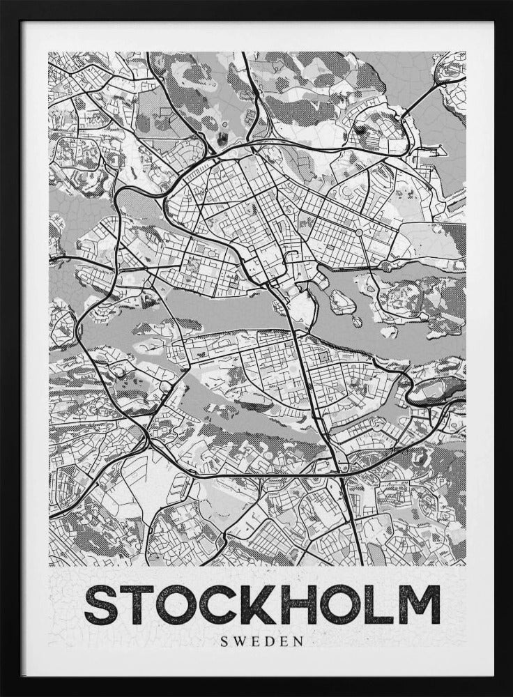 A modern, black and white framed map of Stockholm, Sweden. The minimalist design highlights the city's intricate network of streets, islands, and waterways. The name 'STOCKHOLM' is printed in large, bold, black font at the bottom. Decor