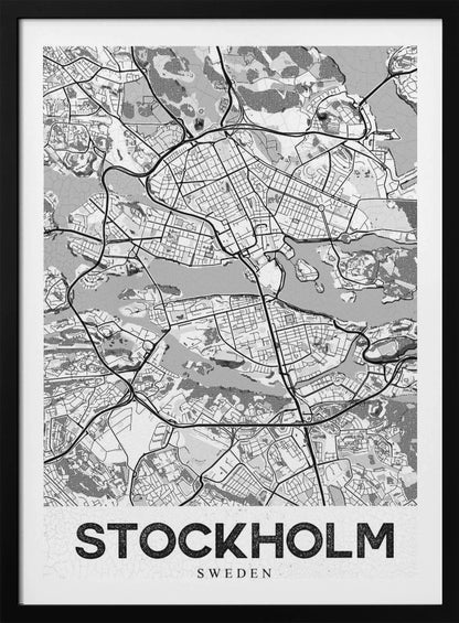 A modern, black and white framed map of Stockholm, Sweden. The minimalist design highlights the city's intricate network of streets, islands, and waterways. The name 'STOCKHOLM' is printed in large, bold, black font at the bottom. Decor