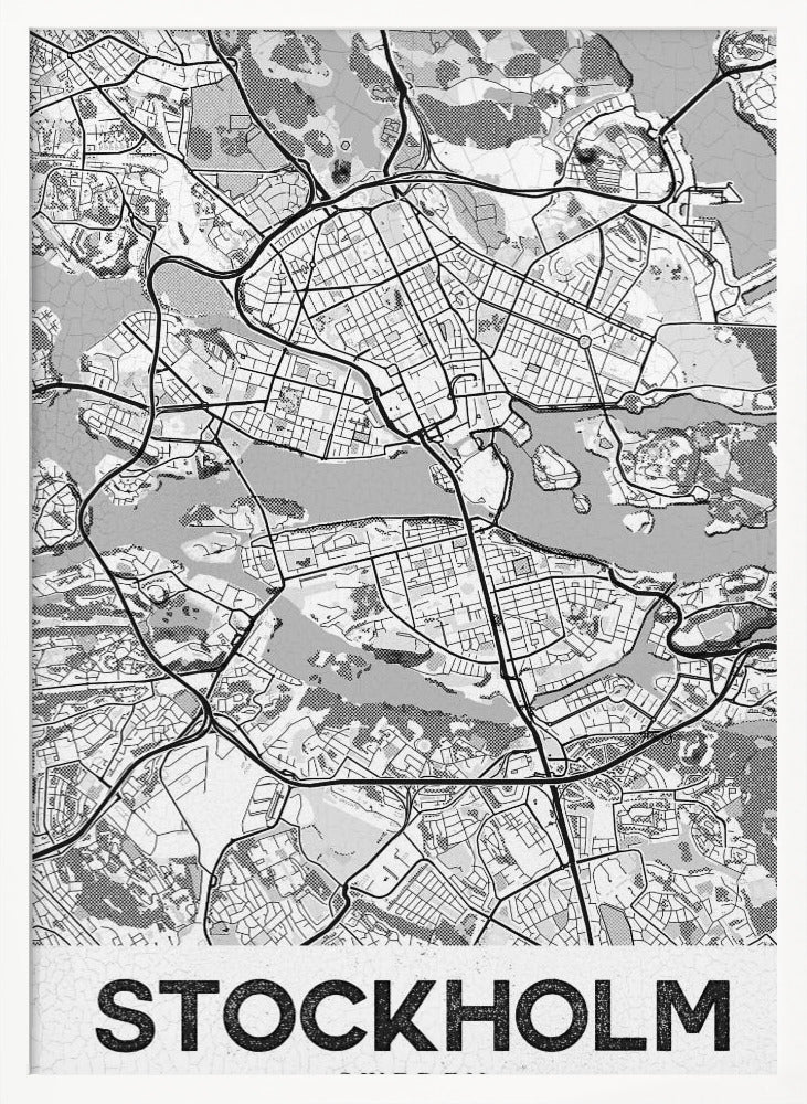 A modern, black and white framed map of Stockholm, Sweden. The minimalist design highlights the city's intricate network of streets, islands, and waterways. The name 'STOCKHOLM' is printed in large, bold, black font at the bottom. Decor