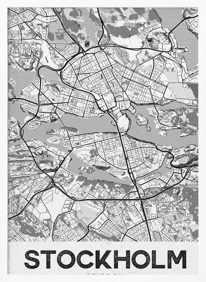 A modern, black and white framed map of Stockholm, Sweden. The minimalist design highlights the city's intricate network of streets, islands, and waterways. The name 'STOCKHOLM' is printed in large, bold, black font at the bottom. Decor