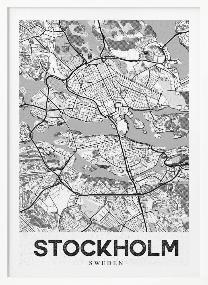 A modern, black and white framed map of Stockholm, Sweden. The minimalist design highlights the city's intricate network of streets, islands, and waterways. The name 'STOCKHOLM' is printed in large, bold, black font at the bottom. Decor