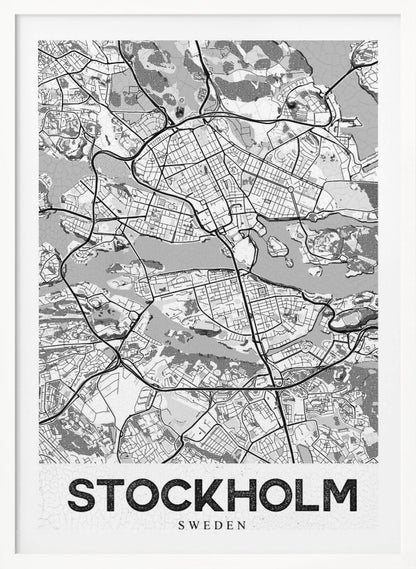A modern, black and white framed map of Stockholm, Sweden. The minimalist design highlights the city's intricate network of streets, islands, and waterways. The name 'STOCKHOLM' is printed in large, bold, black font at the bottom. Decor