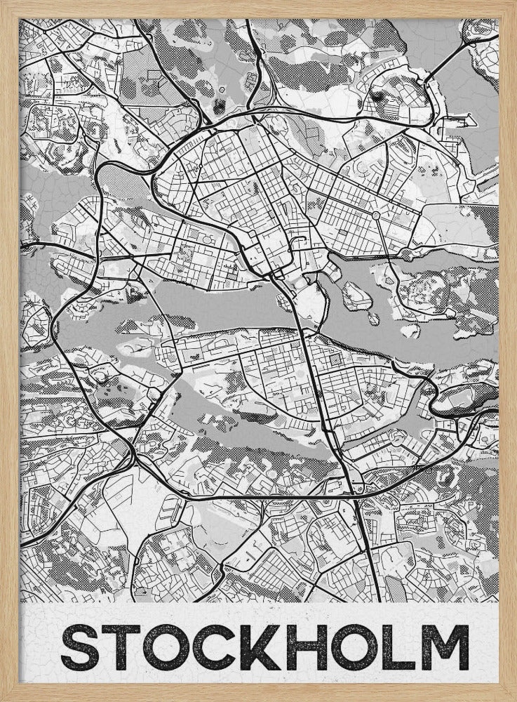 A modern, black and white framed map of Stockholm, Sweden. The minimalist design highlights the city's intricate network of streets, islands, and waterways. The name 'STOCKHOLM' is printed in large, bold, black font at the bottom. Decor