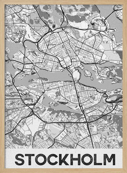 A modern, black and white framed map of Stockholm, Sweden. The minimalist design highlights the city's intricate network of streets, islands, and waterways. The name 'STOCKHOLM' is printed in large, bold, black font at the bottom. Decor