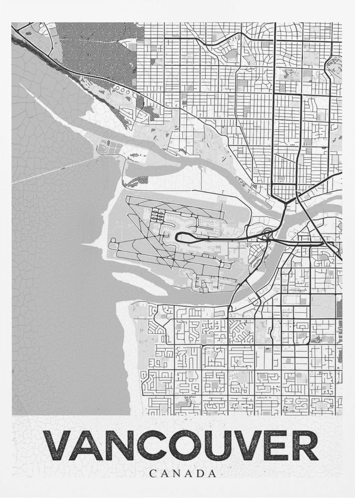 A modern, black and white framed art print of a city map of Vancouver. The map features a stylized layout of roads, rivers, and the coastline, including what appears to be an airport. The word 'VANCOUVER' is displayed in bold, capital letters at the bottom. Poster