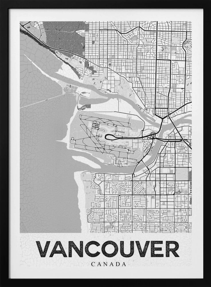 A modern, black and white framed art print of a city map of Vancouver. The map features a stylized layout of roads, rivers, and the coastline, including what appears to be an airport. The word 'VANCOUVER' is displayed in bold, capital letters at the bottom. Poster