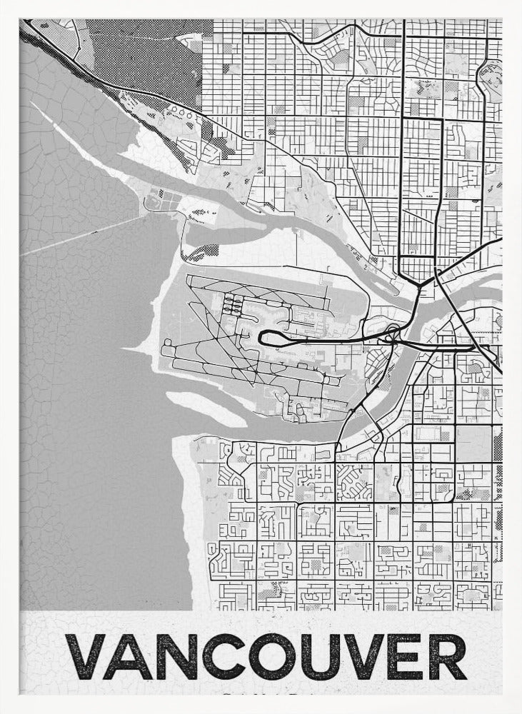 A modern, black and white framed art print of a city map of Vancouver. The map features a stylized layout of roads, rivers, and the coastline, including what appears to be an airport. The word 'VANCOUVER' is displayed in bold, capital letters at the bottom. Poster