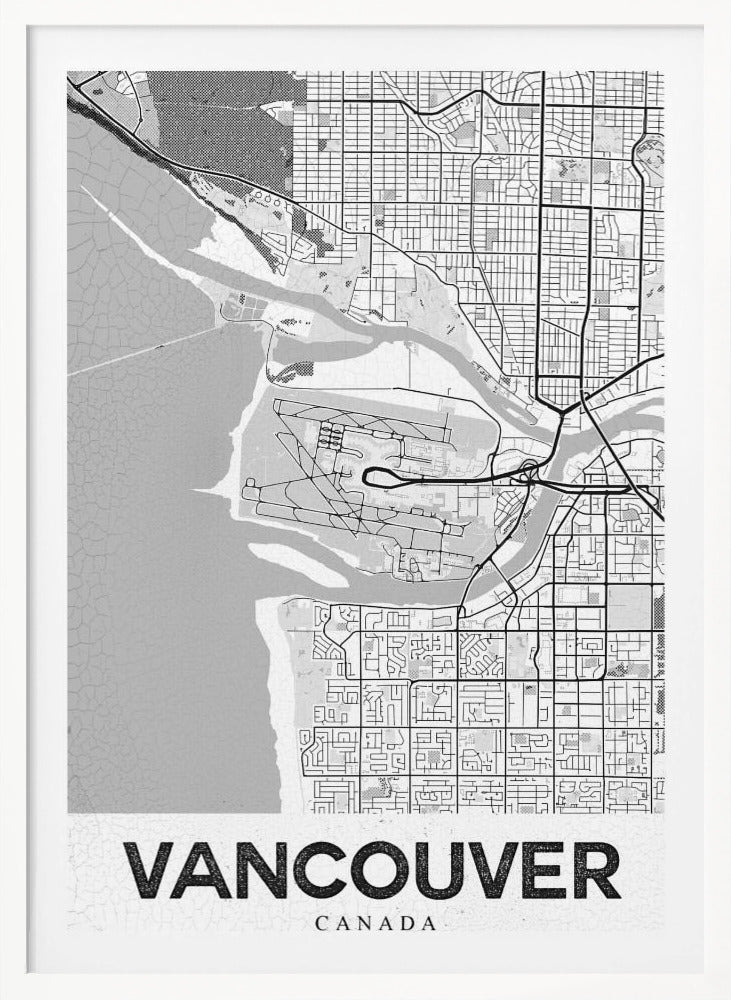 A modern, black and white framed art print of a city map of Vancouver. The map features a stylized layout of roads, rivers, and the coastline, including what appears to be an airport. The word 'VANCOUVER' is displayed in bold, capital letters at the bottom. Poster