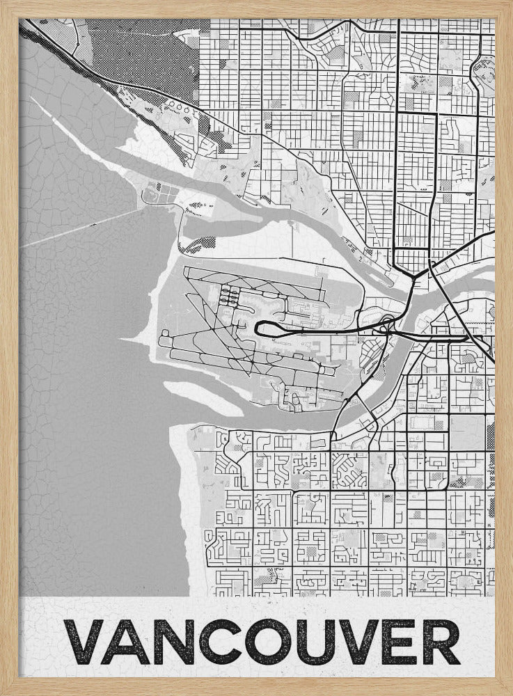 A modern, black and white framed art print of a city map of Vancouver. The map features a stylized layout of roads, rivers, and the coastline, including what appears to be an airport. The word 'VANCOUVER' is displayed in bold, capital letters at the bottom. Poster