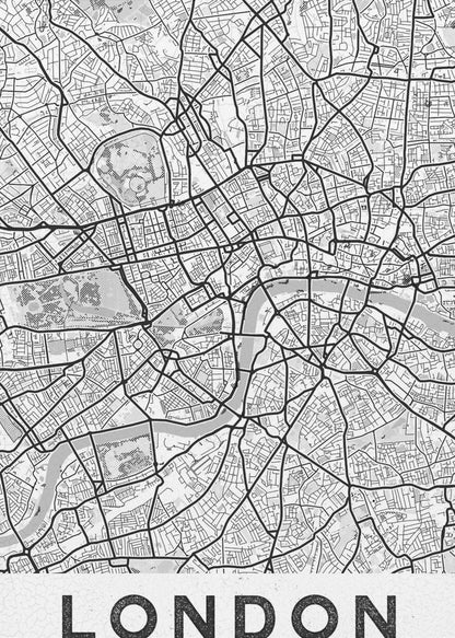 A minimalist black and white map of London, showcasing its intricate street layout, the River Thames, and various parks. The map is set within a simple black frame, and the word 'LONDON' is printed in a bold, black, sans-serif font on a white banner at the bottom. Artwork