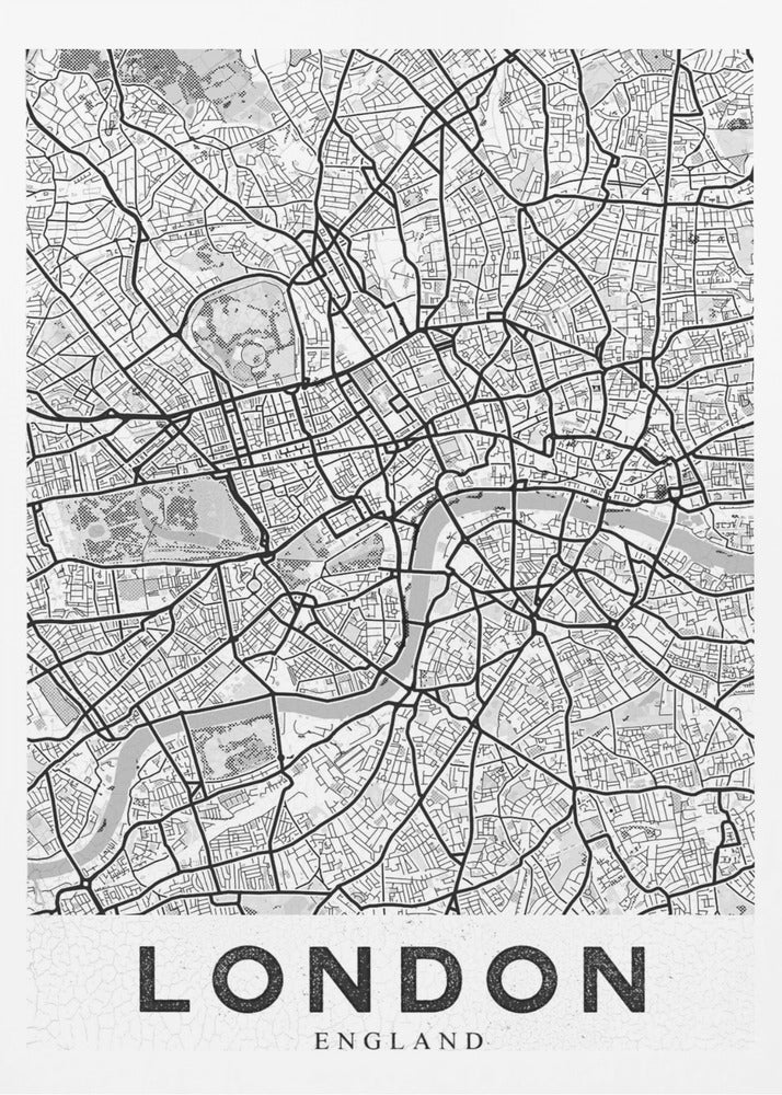 A minimalist black and white map of London, showcasing its intricate street layout, the River Thames, and various parks. The map is set within a simple black frame, and the word 'LONDON' is printed in a bold, black, sans-serif font on a white banner at the bottom. Artwork