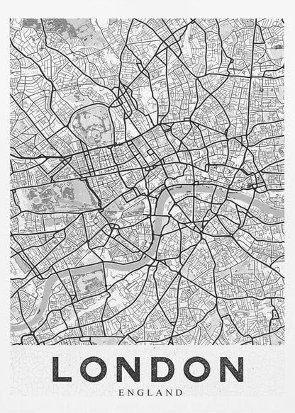 A minimalist black and white map of London, showcasing its intricate street layout, the River Thames, and various parks. The map is set within a simple black frame, and the word 'LONDON' is printed in a bold, black, sans-serif font on a white banner at the bottom. Artwork