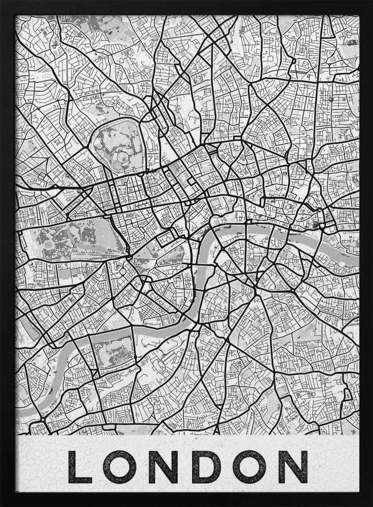 A minimalist black and white map of London, showcasing its intricate street layout, the River Thames, and various parks. The map is set within a simple black frame, and the word 'LONDON' is printed in a bold, black, sans-serif font on a white banner at the bottom. Artwork
