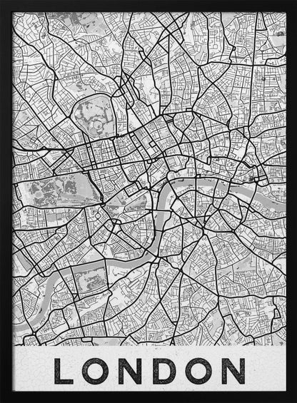 A minimalist black and white map of London, showcasing its intricate street layout, the River Thames, and various parks. The map is set within a simple black frame, and the word 'LONDON' is printed in a bold, black, sans-serif font on a white banner at the bottom. Artwork