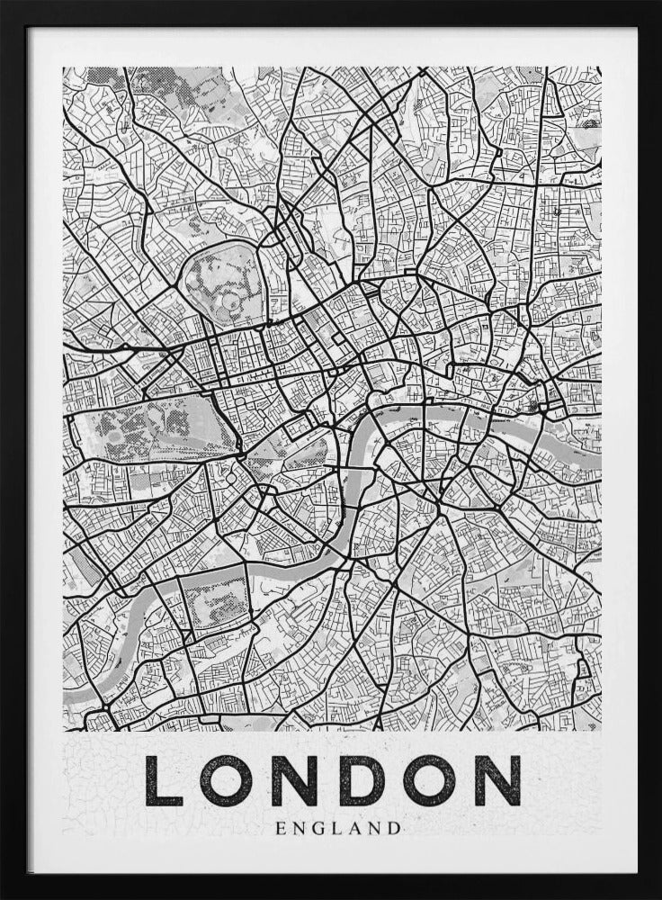 A minimalist black and white map of London, showcasing its intricate street layout, the River Thames, and various parks. The map is set within a simple black frame, and the word 'LONDON' is printed in a bold, black, sans-serif font on a white banner at the bottom. Artwork