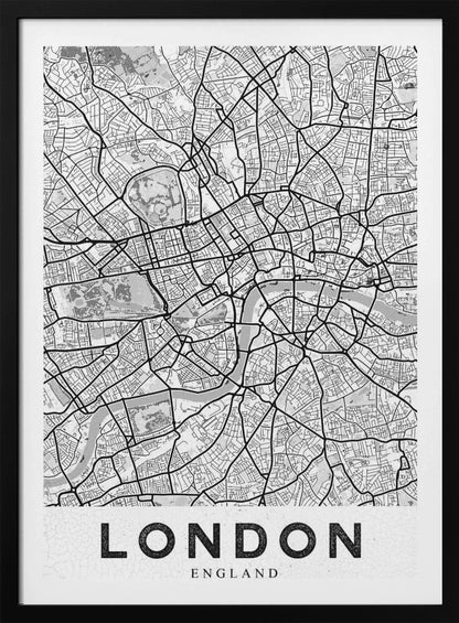 A minimalist black and white map of London, showcasing its intricate street layout, the River Thames, and various parks. The map is set within a simple black frame, and the word 'LONDON' is printed in a bold, black, sans-serif font on a white banner at the bottom. Artwork