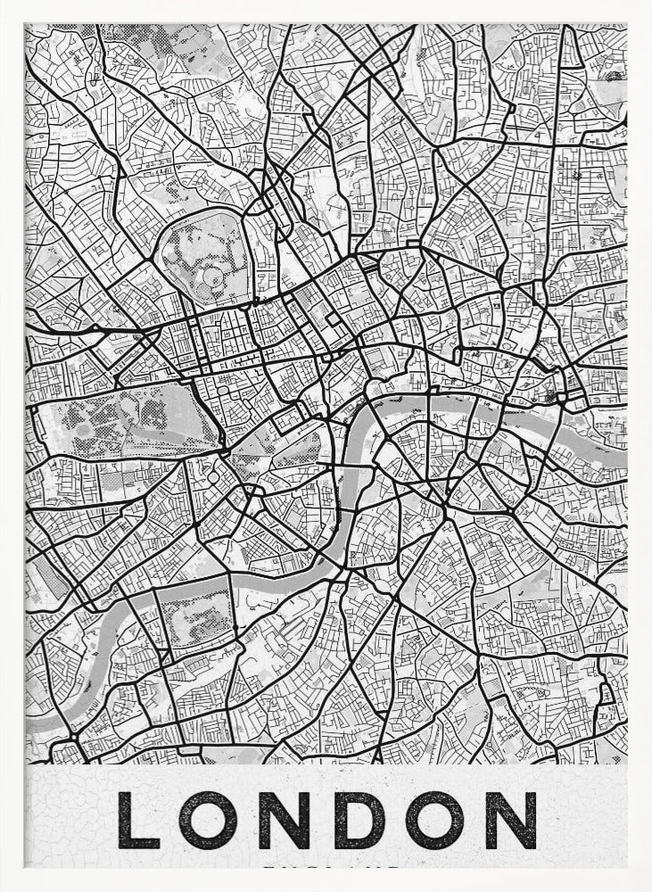 A minimalist black and white map of London, showcasing its intricate street layout, the River Thames, and various parks. The map is set within a simple black frame, and the word 'LONDON' is printed in a bold, black, sans-serif font on a white banner at the bottom. Artwork