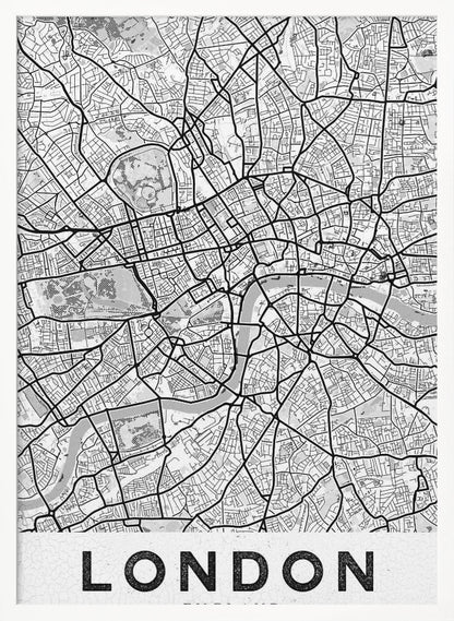 A minimalist black and white map of London, showcasing its intricate street layout, the River Thames, and various parks. The map is set within a simple black frame, and the word 'LONDON' is printed in a bold, black, sans-serif font on a white banner at the bottom. Artwork