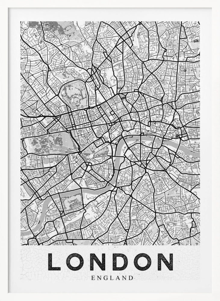A minimalist black and white map of London, showcasing its intricate street layout, the River Thames, and various parks. The map is set within a simple black frame, and the word 'LONDON' is printed in a bold, black, sans-serif font on a white banner at the bottom. Artwork