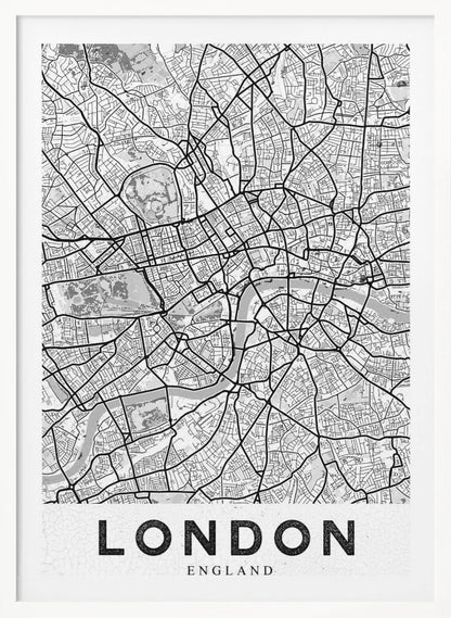 A minimalist black and white map of London, showcasing its intricate street layout, the River Thames, and various parks. The map is set within a simple black frame, and the word 'LONDON' is printed in a bold, black, sans-serif font on a white banner at the bottom. Artwork