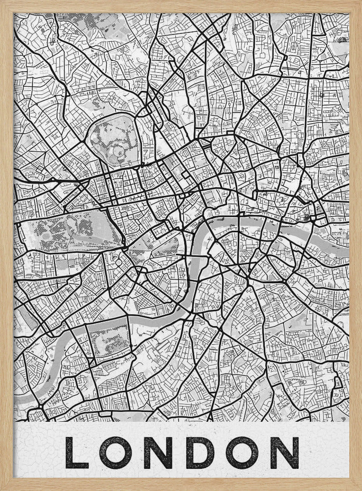 A minimalist black and white map of London, showcasing its intricate street layout, the River Thames, and various parks. The map is set within a simple black frame, and the word 'LONDON' is printed in a bold, black, sans-serif font on a white banner at the bottom. Artwork