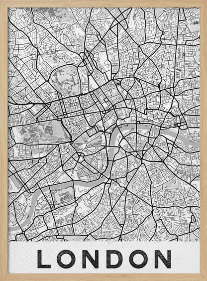 A minimalist black and white map of London, showcasing its intricate street layout, the River Thames, and various parks. The map is set within a simple black frame, and the word 'LONDON' is printed in a bold, black, sans-serif font on a white banner at the bottom. Artwork
