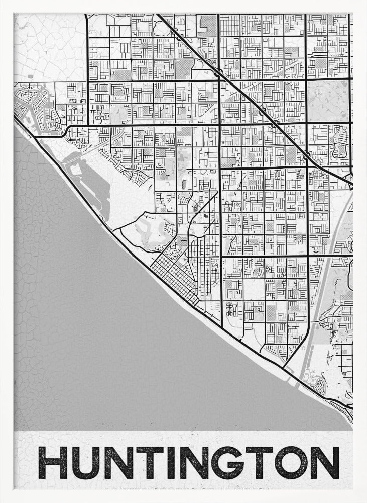 A minimalist black and white framed map of Huntington. The map details the city's street grid next to the coastline, with the name 'HUNTINGTON' printed in bold block letters at the bottom. Print