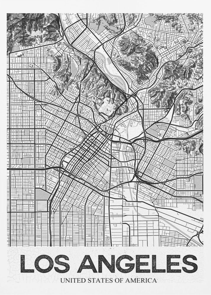 A modern, framed black and white map of Los Angeles. The detailed illustration features a dense grid of city streets, winding highways, rivers, and topographic details of hills. A white banner at the bottom displays the words 'LOS ANGELES' in a bold, black, textured font. Poster