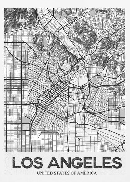 A modern, framed black and white map of Los Angeles. The detailed illustration features a dense grid of city streets, winding highways, rivers, and topographic details of hills. A white banner at the bottom displays the words 'LOS ANGELES' in a bold, black, textured font. Poster