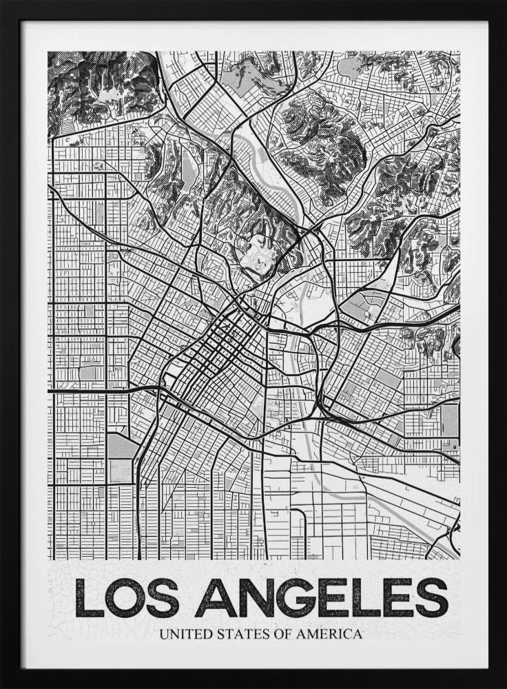 A modern, framed black and white map of Los Angeles. The detailed illustration features a dense grid of city streets, winding highways, rivers, and topographic details of hills. A white banner at the bottom displays the words 'LOS ANGELES' in a bold, black, textured font. Poster