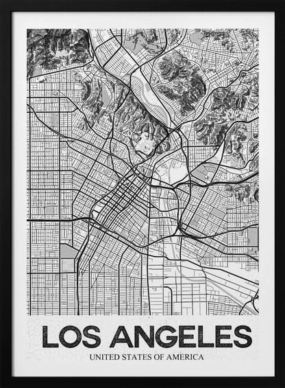 A modern, framed black and white map of Los Angeles. The detailed illustration features a dense grid of city streets, winding highways, rivers, and topographic details of hills. A white banner at the bottom displays the words 'LOS ANGELES' in a bold, black, textured font. Poster