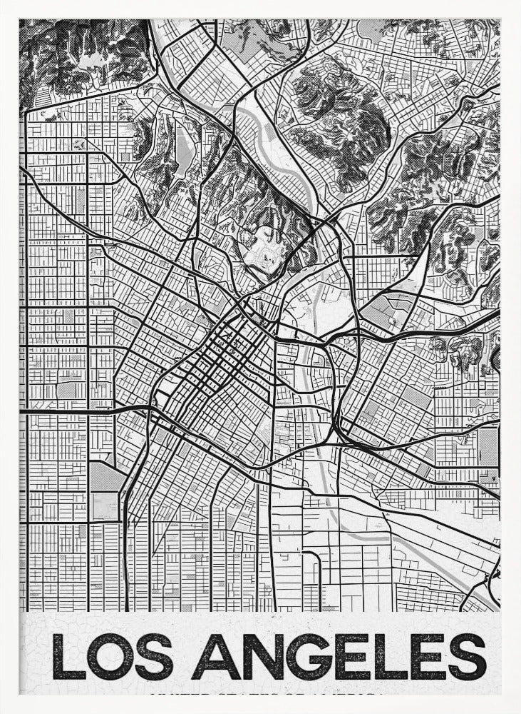 A modern, framed black and white map of Los Angeles. The detailed illustration features a dense grid of city streets, winding highways, rivers, and topographic details of hills. A white banner at the bottom displays the words 'LOS ANGELES' in a bold, black, textured font. Poster