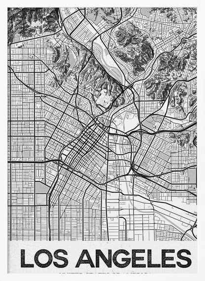 A modern, framed black and white map of Los Angeles. The detailed illustration features a dense grid of city streets, winding highways, rivers, and topographic details of hills. A white banner at the bottom displays the words 'LOS ANGELES' in a bold, black, textured font. Poster