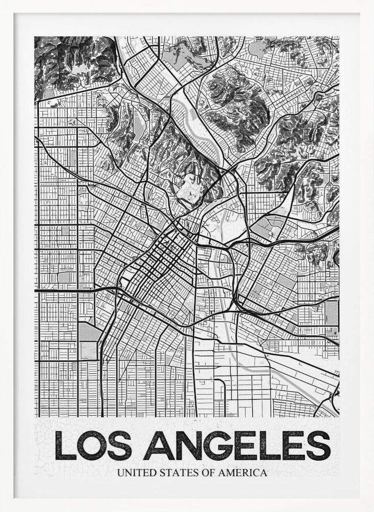 A modern, framed black and white map of Los Angeles. The detailed illustration features a dense grid of city streets, winding highways, rivers, and topographic details of hills. A white banner at the bottom displays the words 'LOS ANGELES' in a bold, black, textured font. Poster